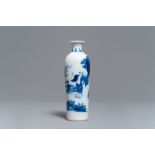 A Chinese blue and white rouleau vase with a figure in a landscape, Transitional period