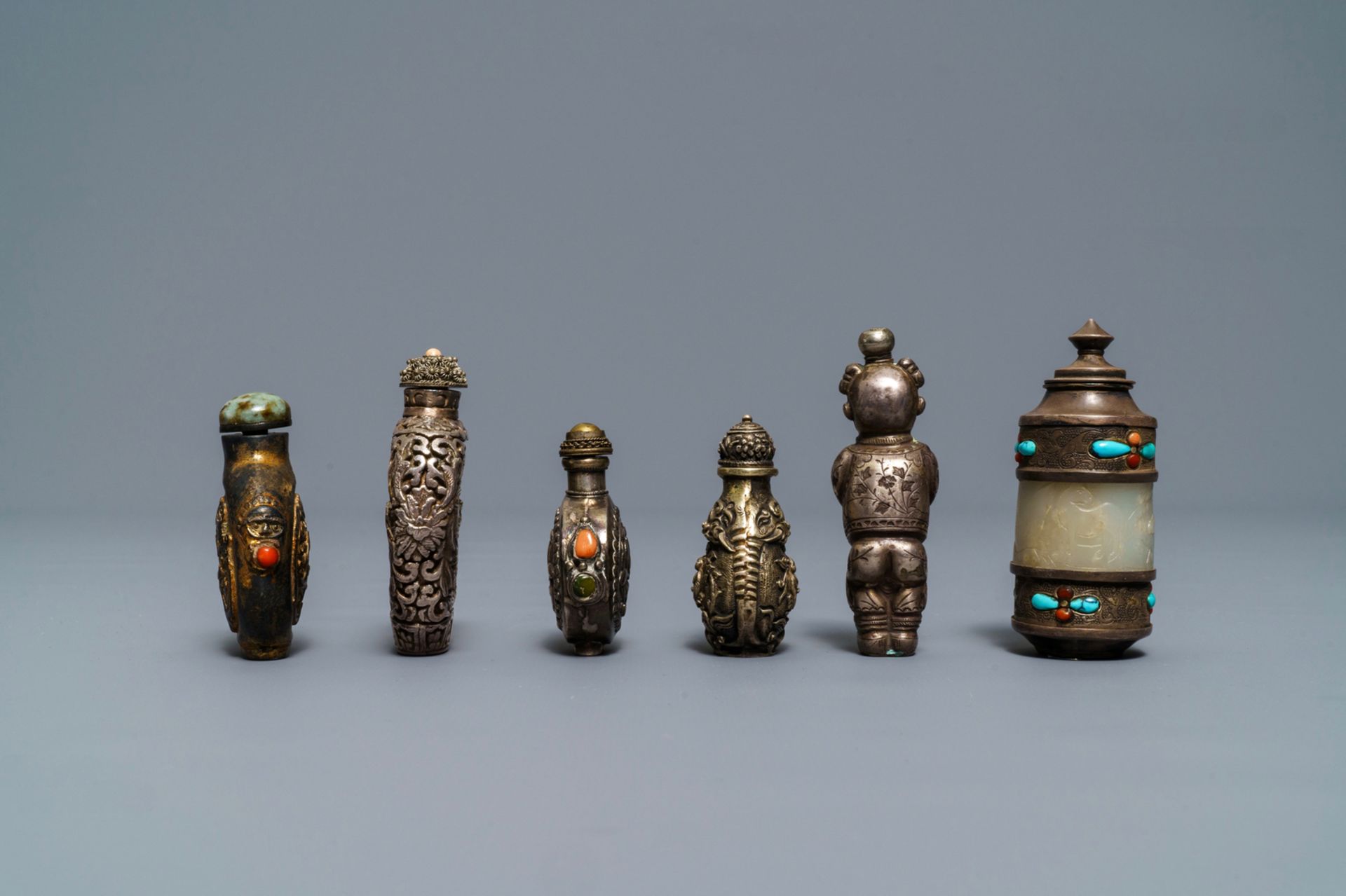 Six Chinese coral and turquoise-inlaid silver and jade snuff bottles, 19/20th C. - Image 5 of 7