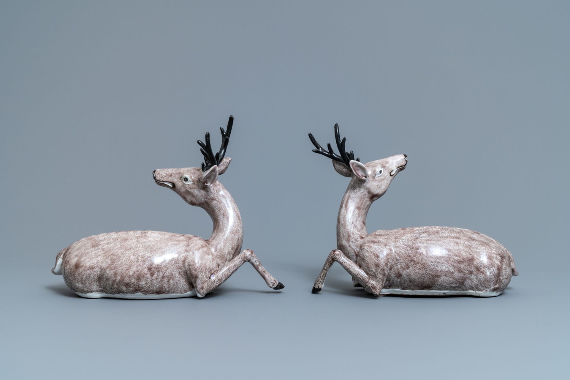 A pair of large Chinese aubergine-glazed models of recumbent deer, 18/19th C. - Image 4 of 7