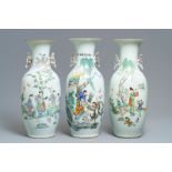 Three Chinese famille rose vases with figural design, 19/20th C.