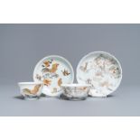 Two Chinese grisaille and gilt eggshell cups and saucers, Yongzheng