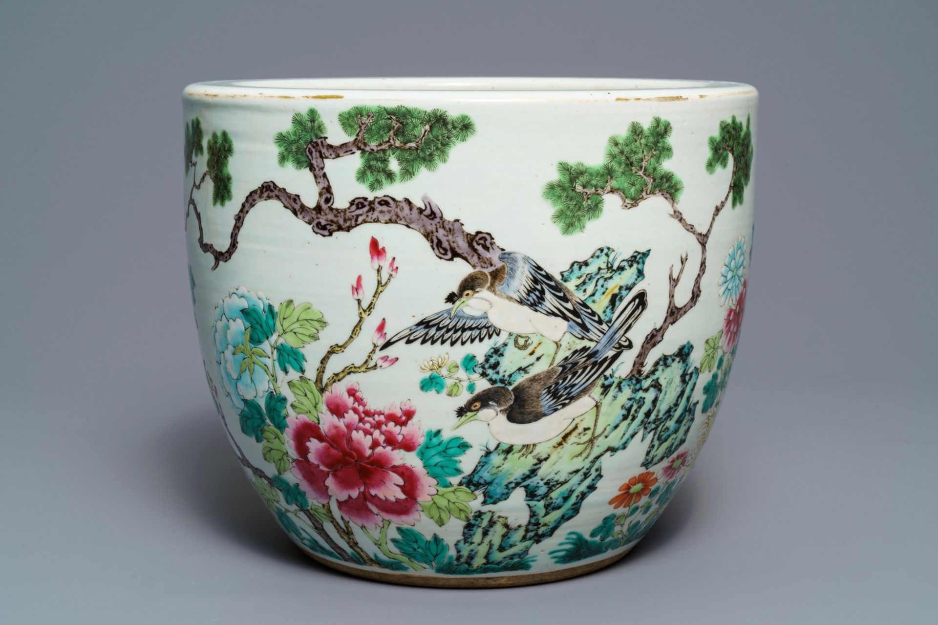 A Chinese famille rose jardinire with birds among flowers, 19th C.