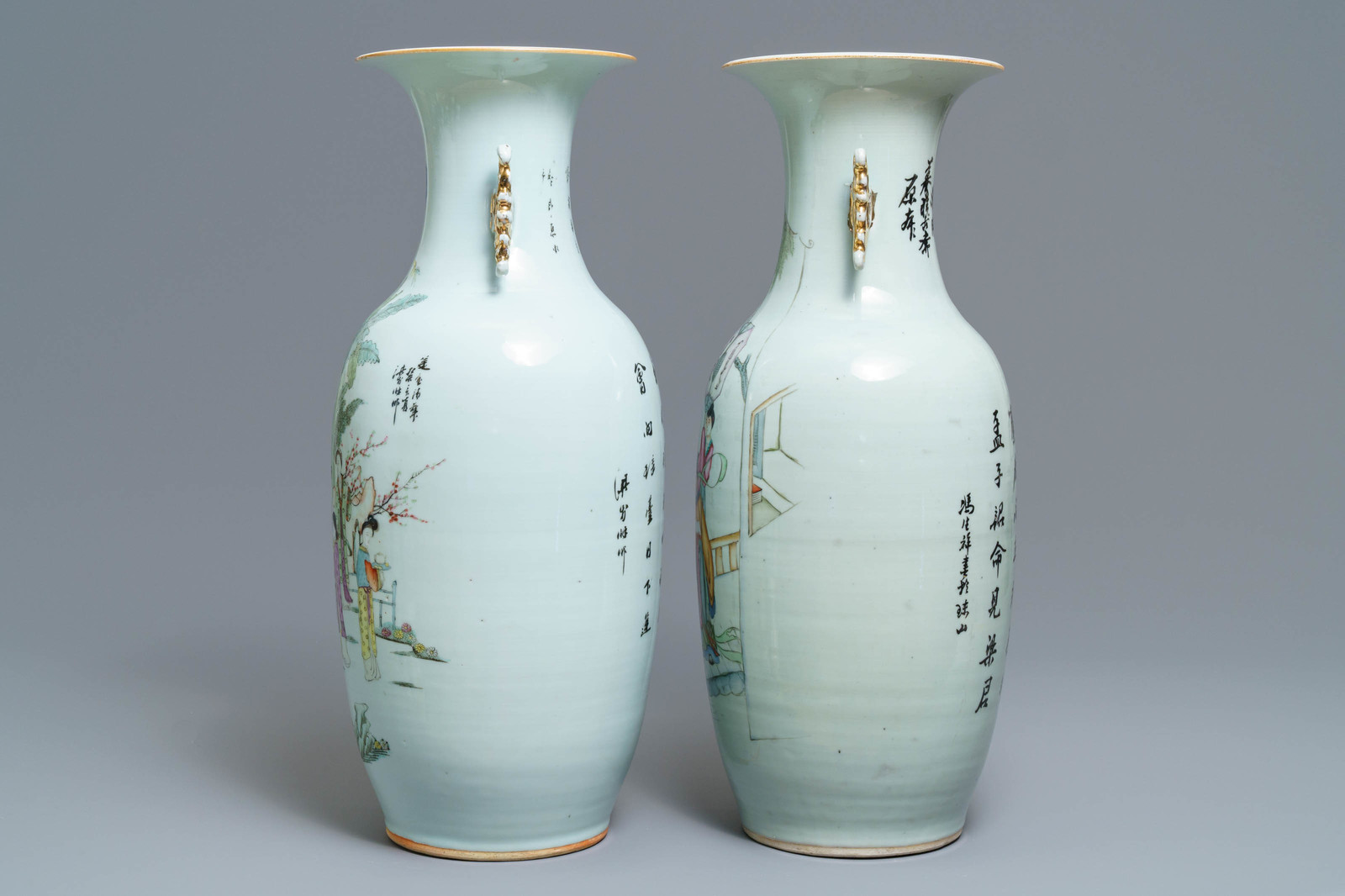 Two Chinese famille rose vases with figures in a garden, 19/20th C. - Image 4 of 6