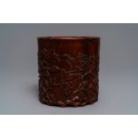 A Chinese carved wood 'magnolia' brush pot, prob. Qing