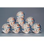 Eight polychrome Dutch Delft petit feu chinoiserie plates, 1st quarter 18th C.