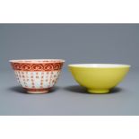 A Chinese monochrome yellow bowl and an iron-red poem bowl, Yongzheng & Qianlong mark, 19/20th C.