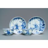 A pair of Chinese blue and white cups and saucers with figures, Ca Mau wreck, Yongzheng