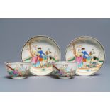 A pair of Chinese famille rose 'European subject' cups and saucers, Qianlong