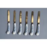 Six Chinese blue, white and gilt knife handles, Qianlong