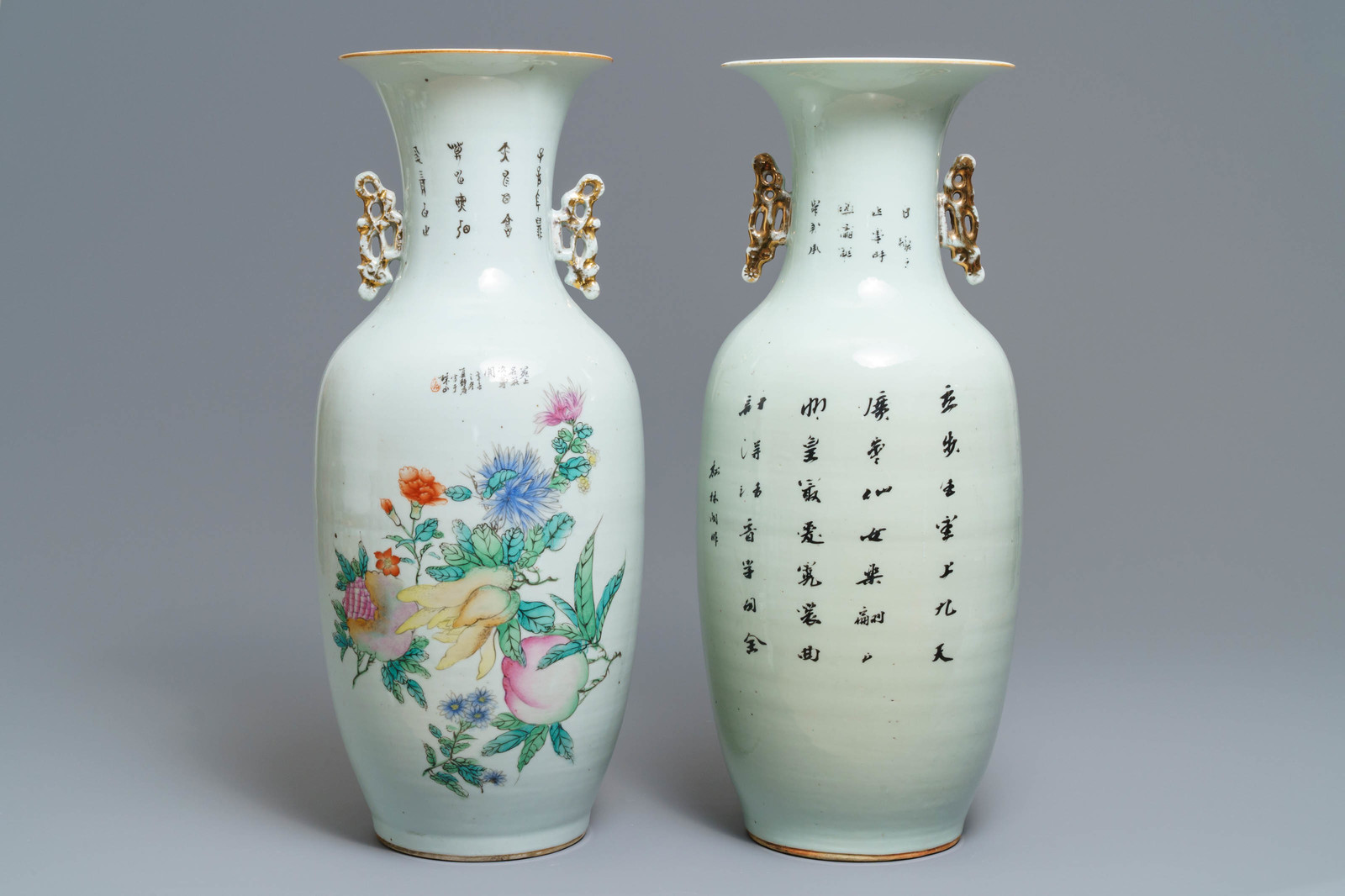 Two Chinese famille rose vases with figural design, 19/20th C. - Image 3 of 6