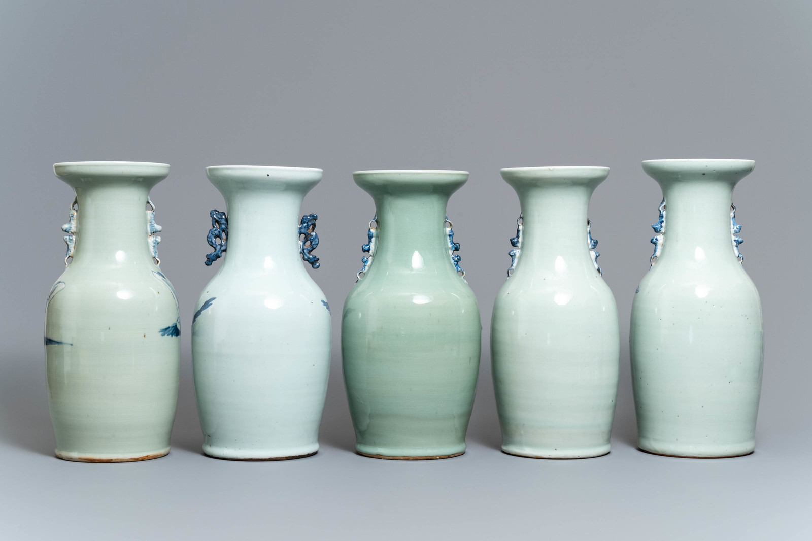 Five Chinese blue and white celadon-ground vases, 19th C. - Image 3 of 6