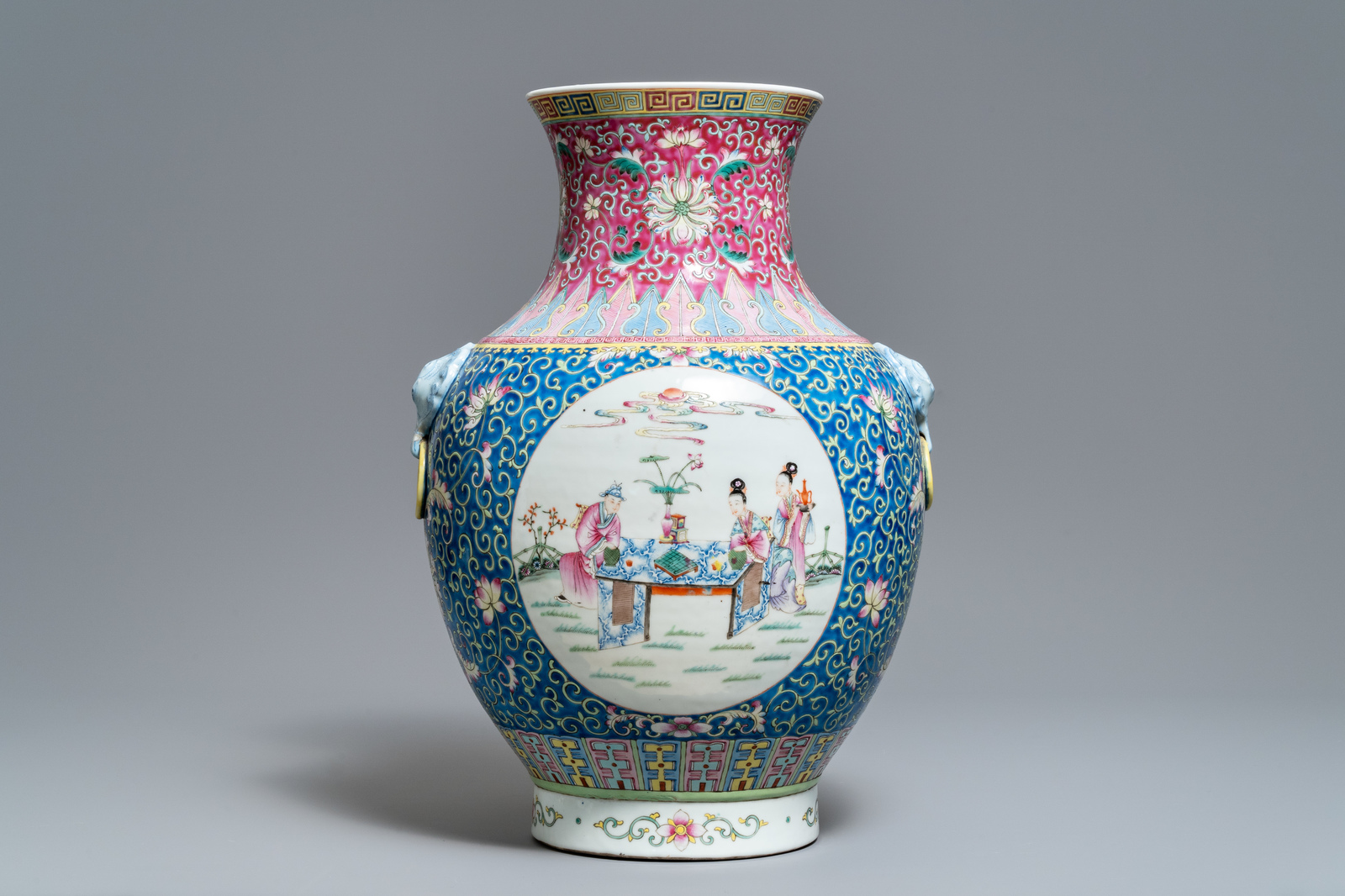 A large Chinese famille rose 'hu' vase, Qianlong mark, Republic, 20th C. - Image 2 of 7