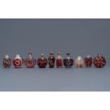 Ten Chinese red overlay, snowflake and transparent glass snuff bottles, 18/20th C.