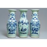 Three Chinese blue and white celadon-ground vases, 19th C.