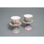 Two Chinese Canton enamel marriage bowls on stands, Yongzheng/Qianlong