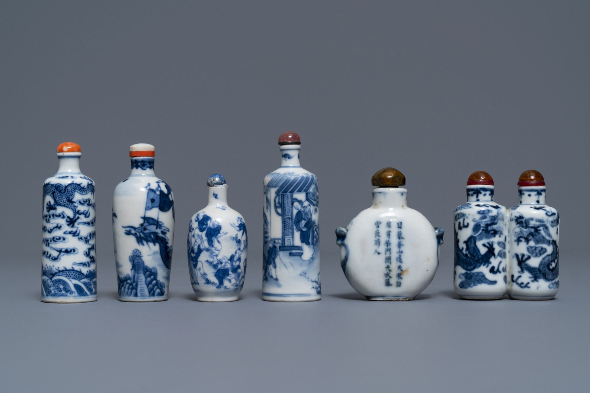 Six Chinese blue and white porcelain snuff bottles, 19/20th C. - Image 2 of 4