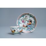 A fine Chinese famille rose eggshell 'rooster' cup and saucer, Yongzheng