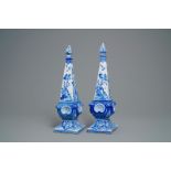 A pair of impressive Dutch Delft blue and white obelisks, 18th C.