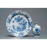 A Dutch Delft blue and white chinoiserie vase and a dish, late 17th C.