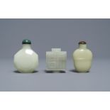 Three Chinese pale celadon jade snuff bottles, 19th C.