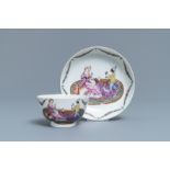 A Chinese famille rose 'European subject' cup and saucer, Qianlong