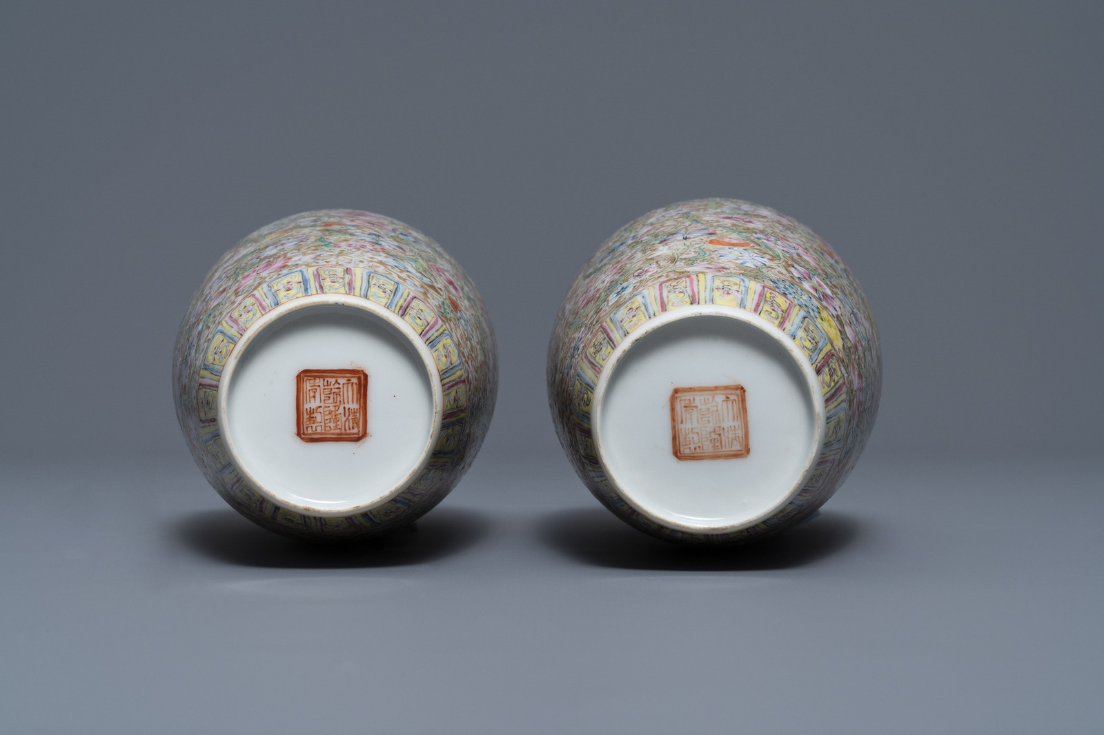 A pair of Chinese famille rose 'millefleurs' eggshell vases, Qianlong mark, Republic, 20th C. - Image 8 of 8