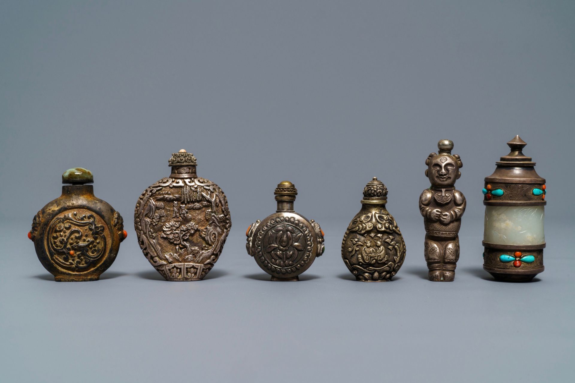 Six Chinese coral and turquoise-inlaid silver and jade snuff bottles, 19/20th C. - Image 2 of 7