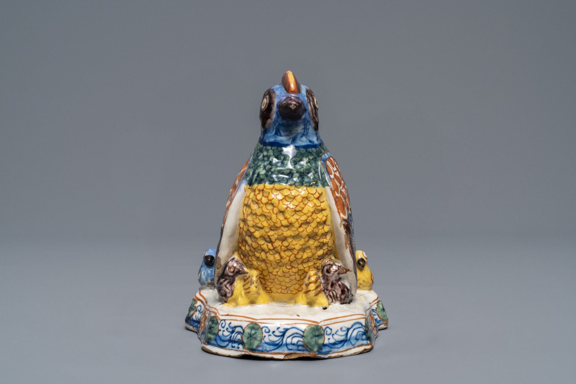 A polychrome Dutch Delft group of a hen with chickens, 18th C. - Image 4 of 7