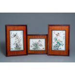 Three Chinese famille rose plaques with birds among flowers, 2nd half 20th C.