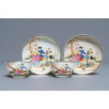 A pair of Chinese famille rose 'European subject' cups and saucers, Qianlong