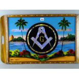 Brazilian butterfly wing and painted two handled tray with central Masonic emblem