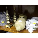 Pair of brass ornamental pagodas, cut glass tyg, stoneware hotwater bottle etc