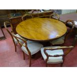 Victorian tilt top dining table, 125 cms diameter and six dining chairs