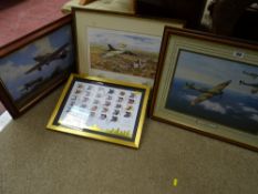 Three framed prints showing Vulcan and Spitfire airplanes and a London 2012 group of commemorative