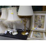Pair of framed prints, three modern table lamps and a tassel edged lampshade