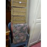 Loom style basket weave chair, small ottoman and modern woven basket storage unit