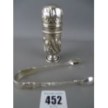 Silver sifter/canister and a pair of sugar tongs, London 1896 and Sheffield 1901 respectively