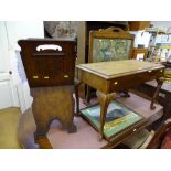 Polished wood piano stool with vintage music contents, a tapestry firescreen, magazine/music stand