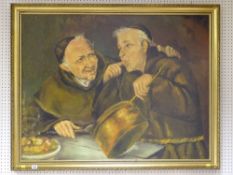ROBERT ARTINGSTALL large gilt framed oil on canvas depicting two gleeful monks after the original