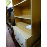 Small modern hardwood occasional table, three drawer bedside chest and a three shelf modern