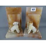 Pair of painted spelter and marble terrier bookends