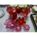 Mixed selection of cranberry and ruby glass bowls and vases etc