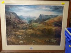 GWYNETH TOMOS limited edition (19/1200) print depicting a mountain shepherd and his flock, signed in