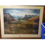 GWYNETH TOMOS limited edition (19/1200) print depicting a mountain shepherd and his flock, signed in