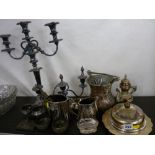 EP candelabra and one other, a further selection of EP and pewter ware etc