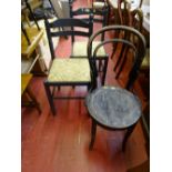 Pair of matching rush seated painted chairs and a black bentwood chair