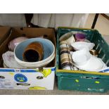 Box and plastic crate of vintage and other crockery and ornamental ware