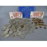 Collection of vintage British coinage and notes along with a 1982 decimal proof coinage set