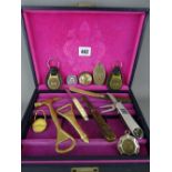 Modern jewellery box and a collection of vintage pocket knives, Jack Daniels key fobs etc