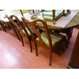 Twin pedestal inlaid extending dining table, 155 x 88 cms closed and four chairs (vendor gifted